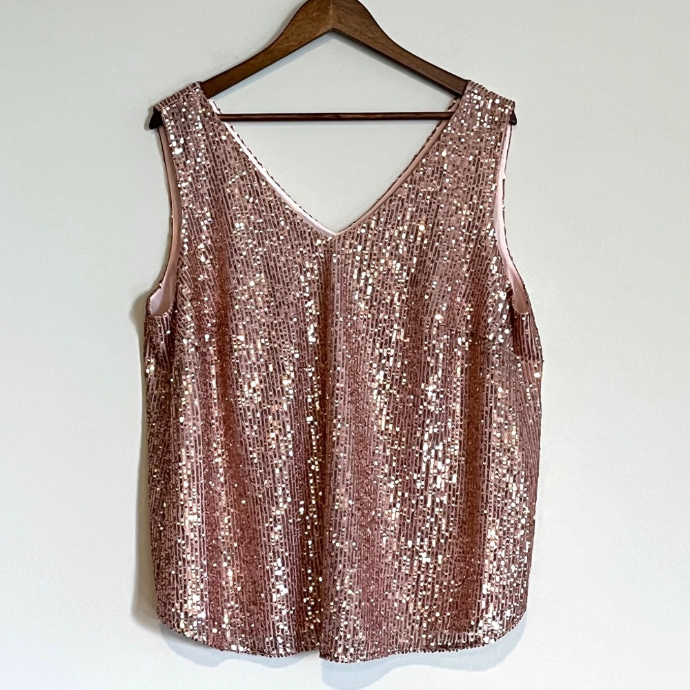 Loft Plus Rose Gold Sequin V-Neck Sleeveless Blouse Top Size 16 Party Glam
